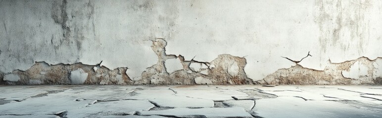 Poster - 3D rendering of a cracked old wall with a dirty white and gray cement floor