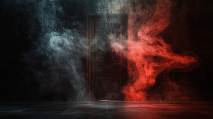 Wall Mural - Mystical red smoke swirling from a mysterious door in the darkness abstract surreal afterlife heavenly fog and light black background negative space copy space life after death path journey portal