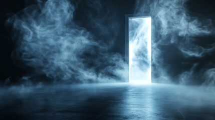 Wall Mural - Mystical smoke swirling from a mysterious door in the darkness abstract surreal afterlife heavenly fog and light with black background negative space copy space life after death path journey portal
