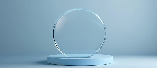Poster - 3D rendering of a blue podium with a circular glass backdrop ideal for showcasing modern interior concept product display mockups positioned on a soft blue background