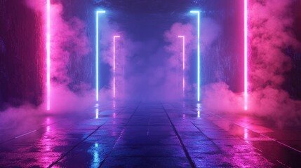 Poster - 3D rendering of an empty background scene featuring a dark street reflecting on wet asphalt illuminated by rays of neon light and abstract shapes amidst smoke