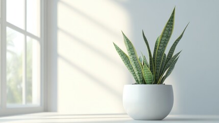 Poster - 3D rendering of a Sansevieria trifasciata indoor plant in a white ceramic pot featuring a minimalist style background with a window close up Ample space for text High quality image