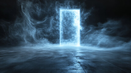 Wall Mural - Mystical smoke swirling from a mysterious door in the darkness abstract surreal afterlife heavenly fog and light with black background negative space copy space life after death path journey portal