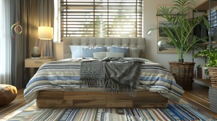 Aufkleber - Contemporary bedroom showcasing a wooden bed featuring a gray fabric headboard striped multicolor quilt nightstand with a lamp texture woven basket with a gray throw zebra blinds wooden floor
