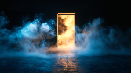Wall Mural - Mystical smoke swirling from a mysterious door in the darkness abstract surreal afterlife heavenly fog and light with black background negative space copy space life after death path journey portal