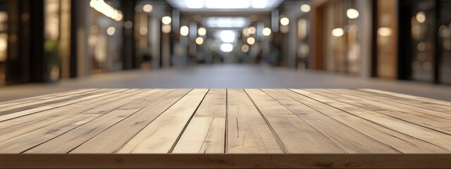 Poster - 3D rendering of an empty wooden table space platform with a blurred shopping mall background