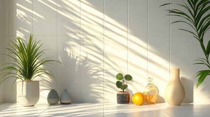 Poster - 3D rendering of assorted objects on a white tile background illuminated by warm sunlight