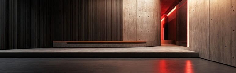 Poster - 3D rendering of an empty dark abstract brown concrete interior featuring smooth surfaces wood elements and red glass accents Architectural concept illustration