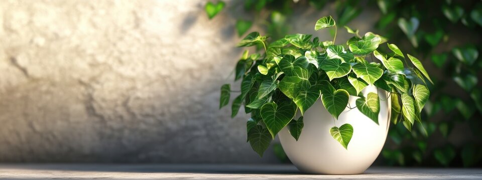 3D rendering of a close up view of a beautiful Aroid vine in a white pot set in a garden