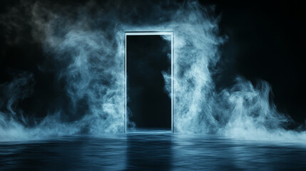 mystical smoke swirling from a mysterious door in the darkness abstract surreal afterlife heavenly f