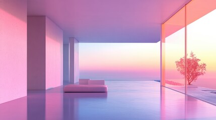 Poster - Abstract minimalist house interior featuring smooth architectural design and large windows enhanced by a color gradient 3D rendering