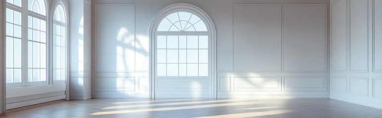 Poster - 3D rendering of a classic empty interior featuring white walls parquet flooring and an arched window
