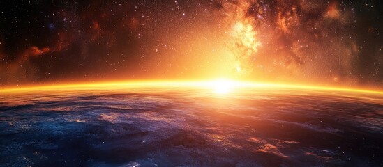 Poster - Landscape featuring a view from space with the Milky Way galaxy at sunrise rendered in 3D cartoon style