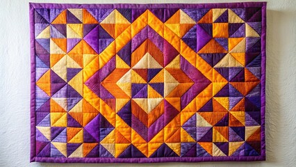 Modern quilted wall hanging with purple and orange geometric patterns, contemporary textile art