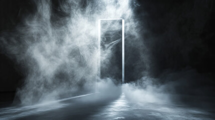 Wall Mural - Mystical smoke swirling from a mysterious door in the darkness abstract surreal afterlife heavenly fog and light with black background negative space copy space life after death path journey portal