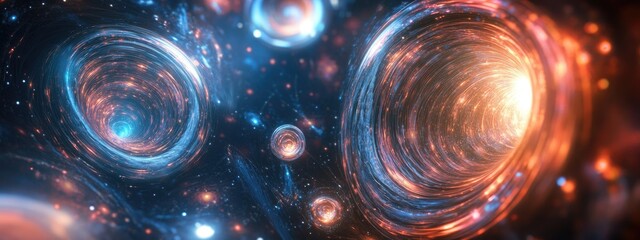 Aufkleber - 3D cartoon visualization featuring a series of space vortexes with a backdrop of translucent vortices fractal elements lights and textures ideal for projects related to science technology and desi