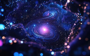 Poster - 3D cartoon depiction of cosmic waves and a black hole in deep space featuring a nebula at the center of galaxy clusters amidst a backdrop of star constellations