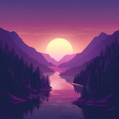 Wall Mural - Sunset Over Mountain Valley with River and Trees