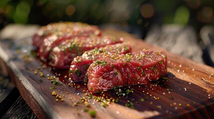 Aufkleber - Sliced raw picanha or rump meat over wooden board with seasonings