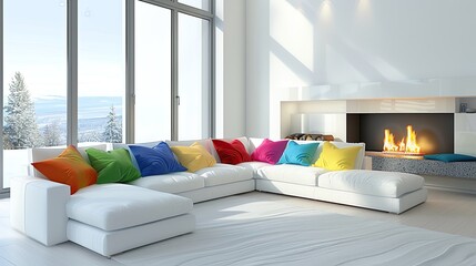 Aufkleber - White light living room with L shaped couch with colorful cushions and fireplace with granite shelf against window