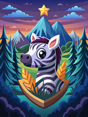 Poster - Cute Zebra Portrait with Mountains and Sunset Background