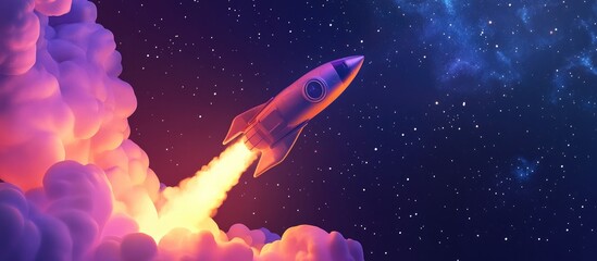 Spaceship launching into a starry sky in a 3D cartoon rendering Rocket ascends into space Concept