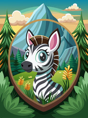 Wall Mural - A Cute Cartoon Zebra in a Mountainous Landscape Framed by Foliage