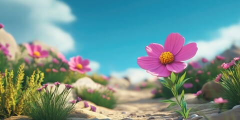 Poster - Colorful 3D cartoon rendering of a Cosmos or Mexican Aster flower in a garden during a bright summer or spring day This flower is ideal for beauty decoration and agricultural concept design