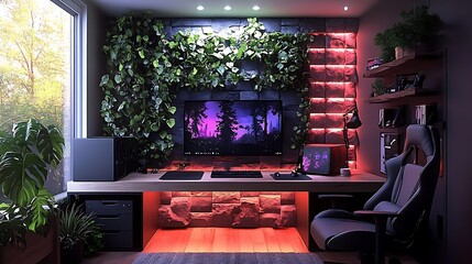 Poster - A tranquil gaming room designed with natural elements, including a wooden desk, a comfortable chair, and large leafy plants, bathed in soft sunlight from a large window,