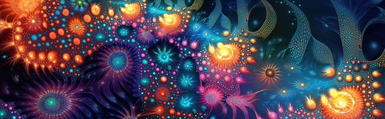 Leinwandbilder - Abstract fractal background in 3D cartoon rendering featuring large interconnected stars and alien space flowers surrounded by intricate decorative geometric patterns in vivid vibrant colors