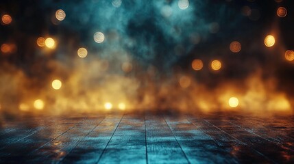 Poster - Empty backdrop with golden bokeh and blurred rays featuring neon light patterns and smoke An abstract representation of a dark stage setting