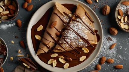 Poster - Chocolate crepe with almonds Top view