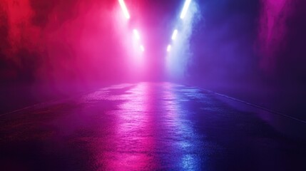 Poster - Empty backdrop featuring dark street reflections on wet asphalt Neon light rays and shapes illuminated against a smoky abstract dark setting