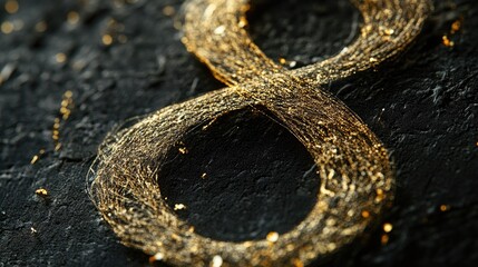 The number eight represented in elegant gold thread on a dark surface