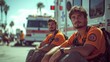 © Nutt - Rest and Recharge: Paramedics Enjoying Lunch Break Outside Hospital with Ambulance in Background