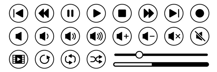 映像や音楽再生の操作ボタンアイコンのセット