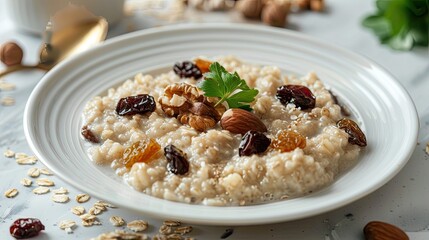 Poster - white plate with oatmeal porridge with dried fruits and nuts close up