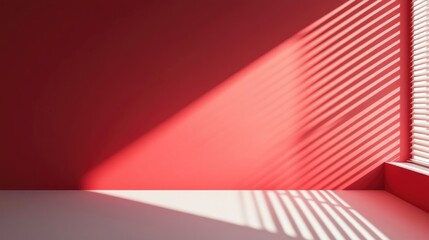 Poster - Minimalist backdrop for product showcase featuring a blank area with window blind shadows against a red wall Design template with a front diagonal perspective