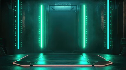 Poster - Futuristic studio backdrop featuring neon panels in dark green hues designed as a podium for showcasing products
