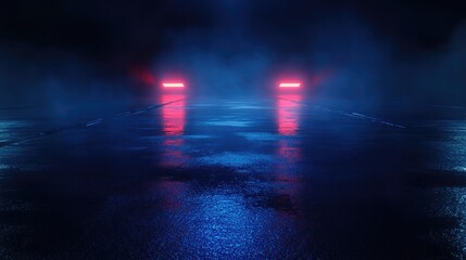 Poster - Empty backdrop featuring dark street reflections on wet asphalt Neon light rays and shapes illuminated against a smoky abstract dark setting