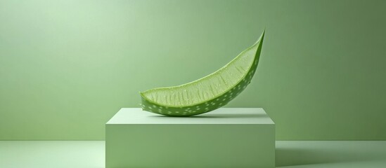 Poster - A light green square podium set against a light green backdrop featuring a slice of aloe An empty display platform suitable for showcasing cosmetic items food and props