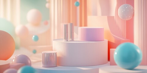 Aufkleber - Pastel colored mock up scene featuring geometric podium shapes for showcasing products with an abstract backdrop 3D rendering and a stand designed for cosmetic items