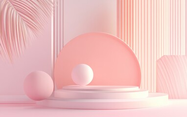 Poster - Minimal abstract scene featuring geometric shapes against a pink cream background rendered in 3D