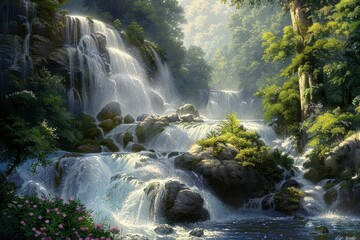 Serene Waterfall Cascading Through Lush Green Forest