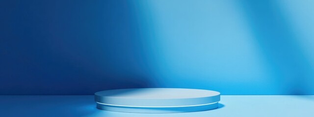 Poster - Empty podium against a blue backdrop for product presentation featuring ample copy space