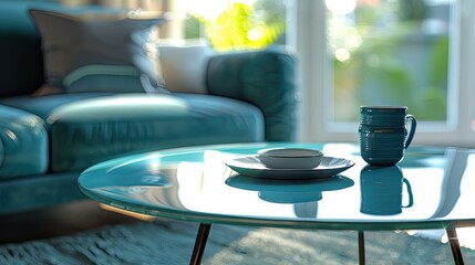 Fototapete - photo close up empty coffee table turquoise interior