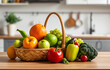 © Rapit - collection of fresh fruits and vegetables in a wooden basket on a table in a modern kitchen background blur