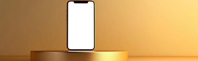 Poster - Smartphone featuring a blank display alongside a vacant coupon sale banner on a gold podium Mobile app shopping mock up with empty screen for copy space shopping coupon promotional card isolated b