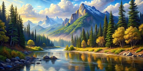 Wall Mural - Scenic painting of river with trees and mountains