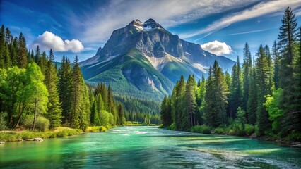 Wall Mural - Scenic view of big mountain and forest above the green river